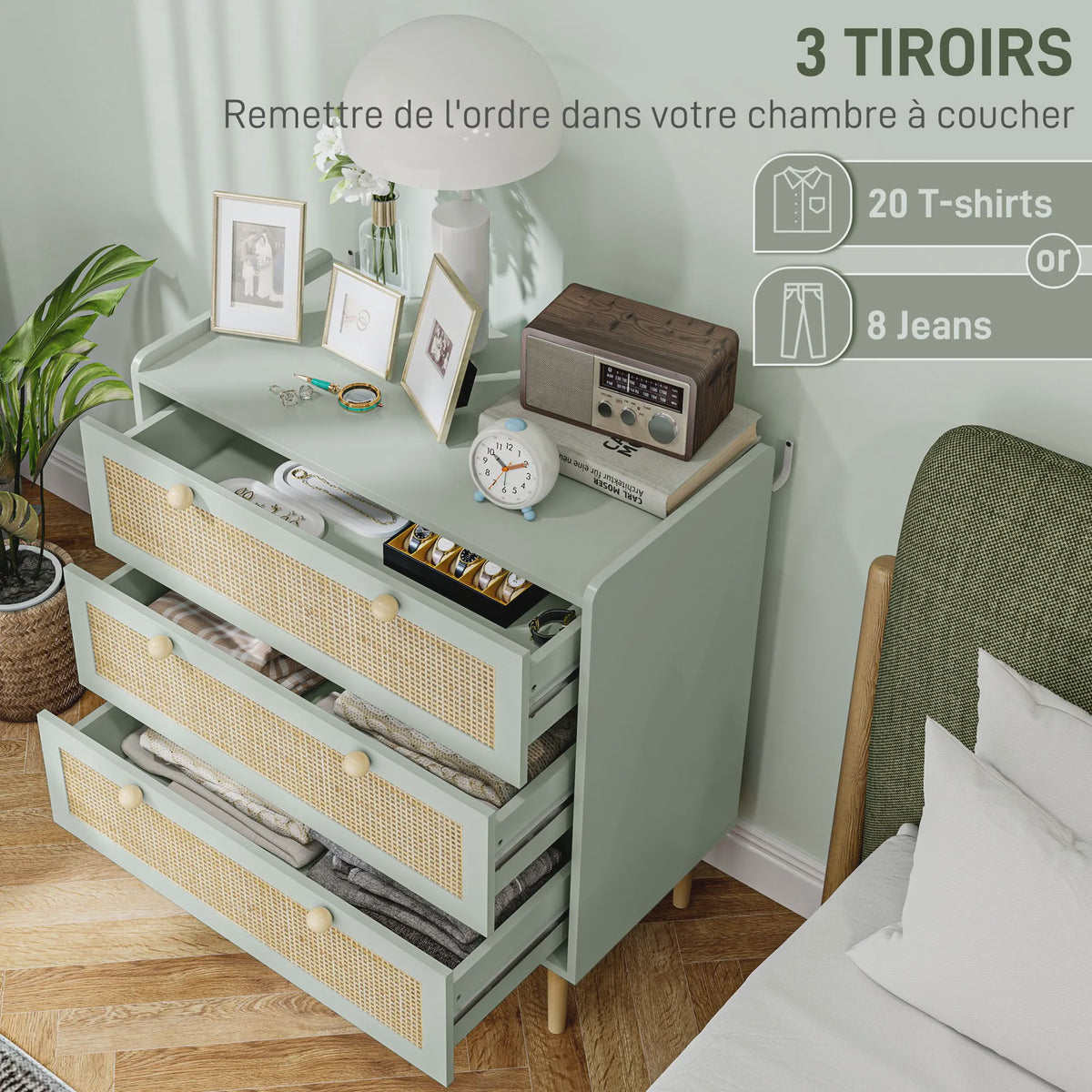 Bohemian Commode met 3 Lades - Rotan Look & Houten Frame - Stijlvolle Slaapkamer Opbergkast