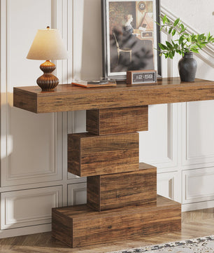 Rustieke Houten Console Tafel 108cm - Slimme Banktafel voor Hal of Entree met Geometrische Basis