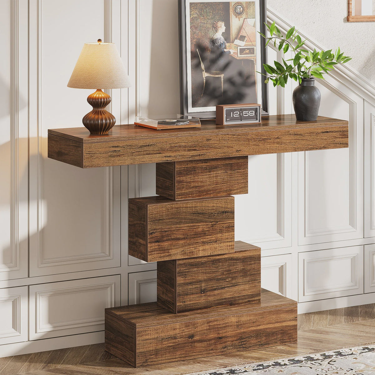 Rustieke Houten Console Tafel 108cm - Slimme Banktafel voor Hal of Entree met Geometrische Basis