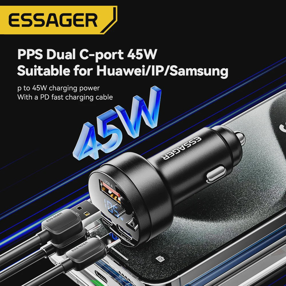 Essager 105W Auto Oplader: Snelladen met USB-C, QC4.0, PD & PPS voor iPhone, Samsung, Xiaomi
