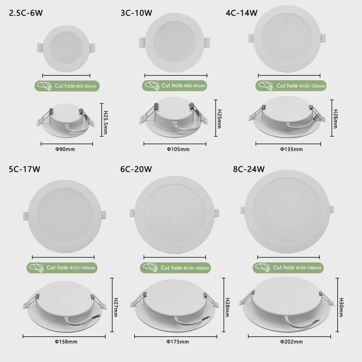 8-Pack LED Inbouwspots Rond - 3 t/m 8 Inch - 3 Kleuren Licht (3000K/4000K/6000K) - Energiezuinig
