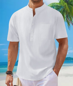 Herenshirt met Opstaande Kraag en Korte Mouwen - Katoen Linnen Mix - Casual Henley Stijl