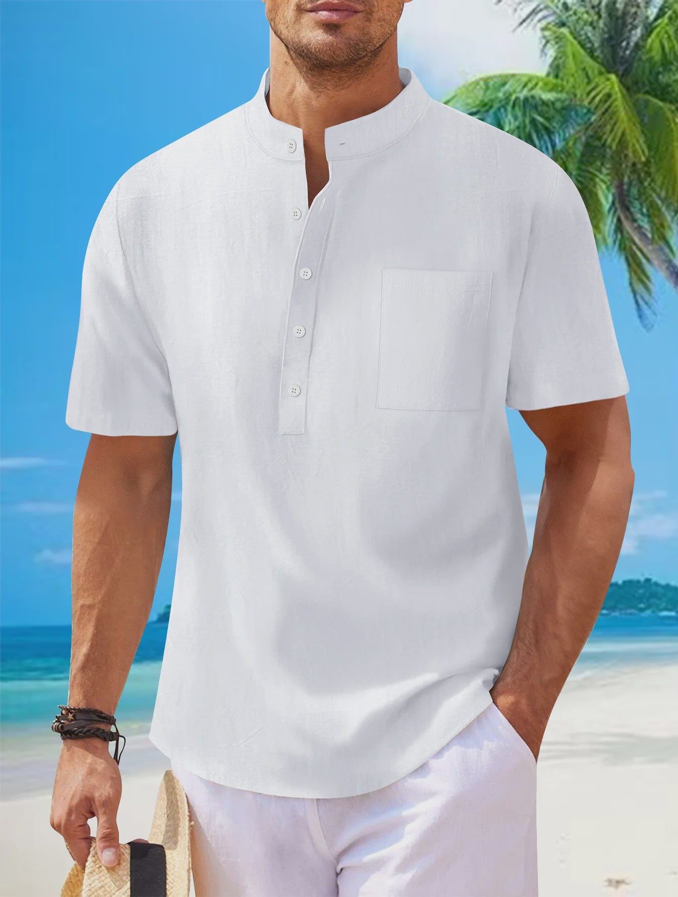 Herenshirt met Opstaande Kraag en Korte Mouwen - Katoen Linnen Mix - Casual Henley Stijl