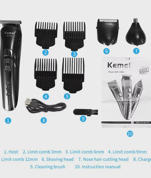 Kemei KM-1506 3-in-1 Oplaadbare Trimmer: Baard, Neus & Haar