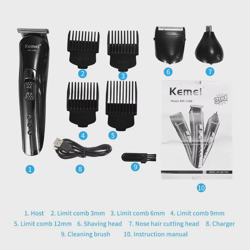 Kemei KM-1506 3-in-1 Oplaadbare Trimmer: Baard, Neus & Haar