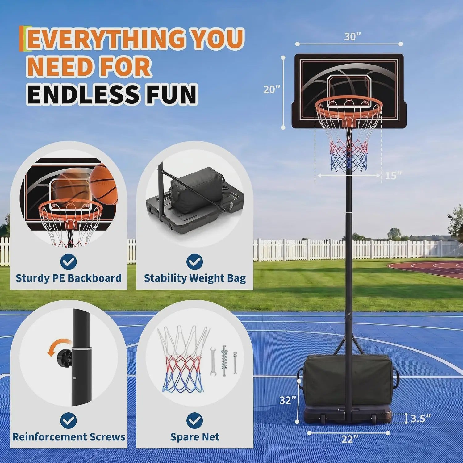 Verstelbare Buiten Basketbalpaal 253-362 cm met Transparant PC Bord en Mobiele Basis