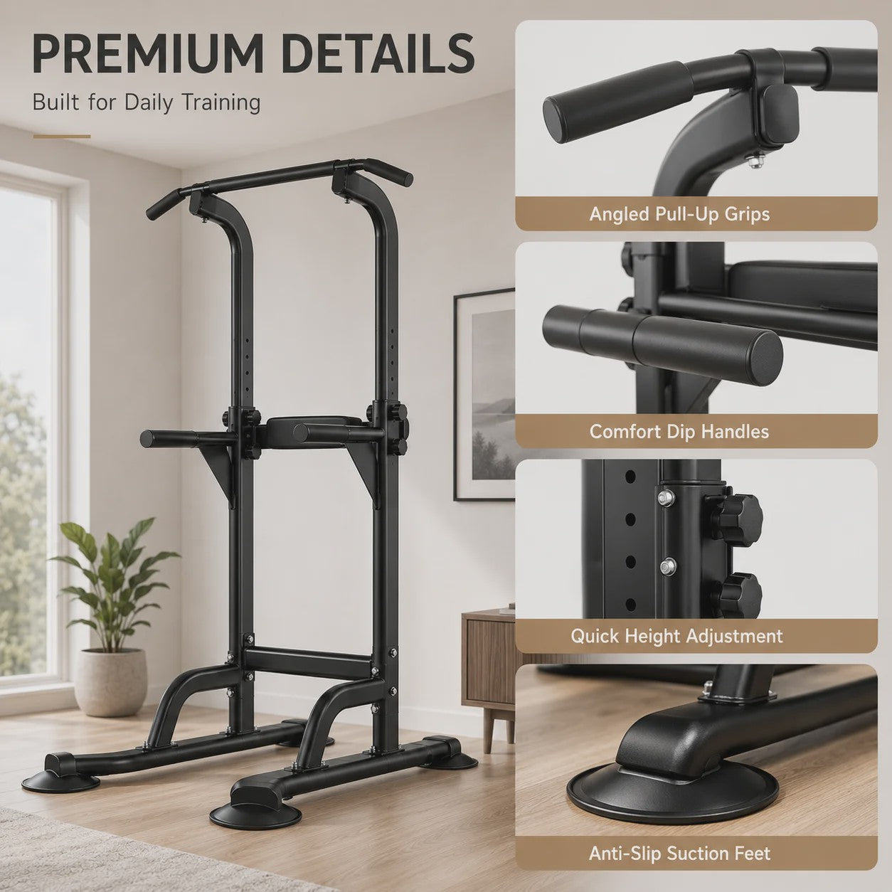 Power Tower Pull Up & Dip Station: 6-in-1 Home Gym voor Krachttraining, Verstelbaar (165-210cm), 350LB Capaciteit