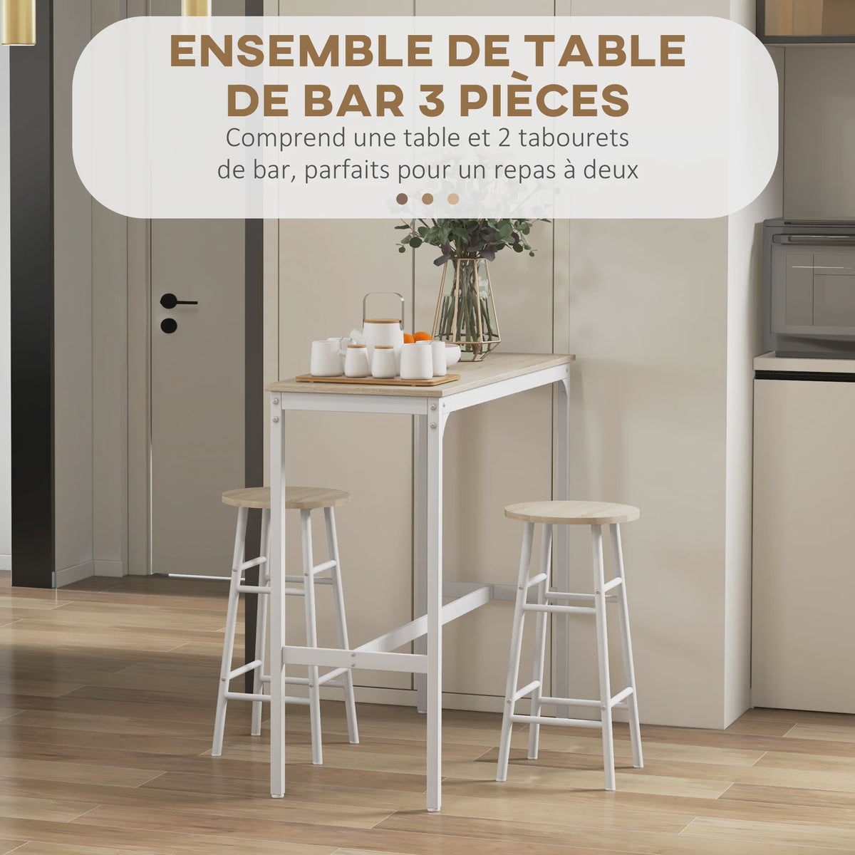 Bistro Bar Set met 2 Krukken - Industrieel Design Staal - Staande Eettafel met Voetensteun