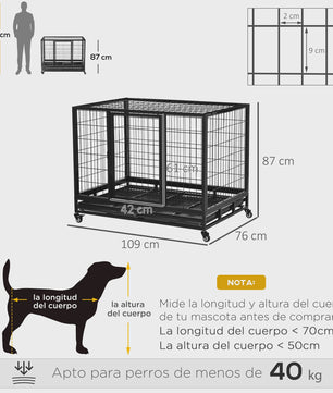 PawHut Metalen Hondenkennel met Wielen en Uitneembare Lade - 92x62x75cm
