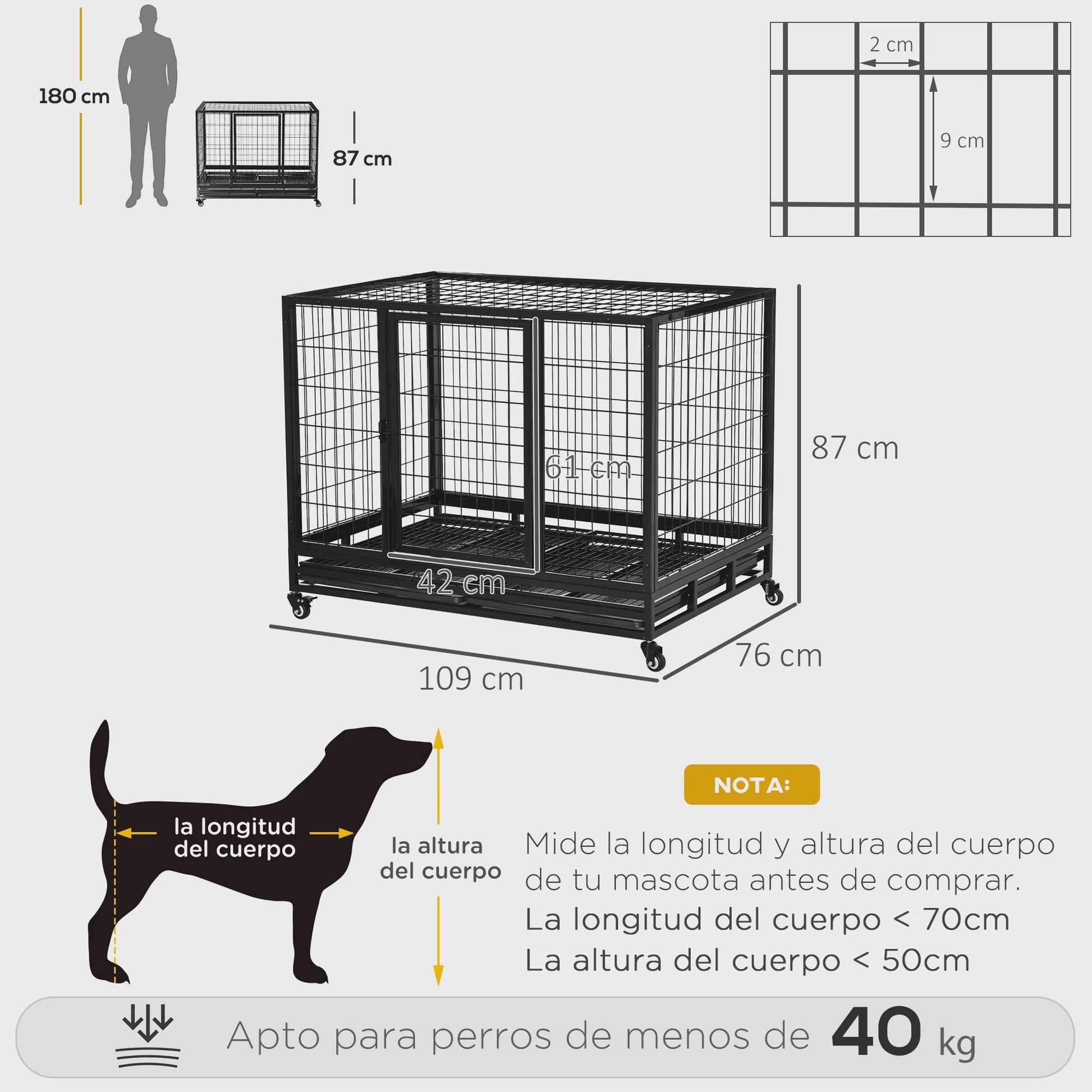 PawHut Metalen Hondenkennel met Wielen en Uitneembare Lade - 92x62x75cm