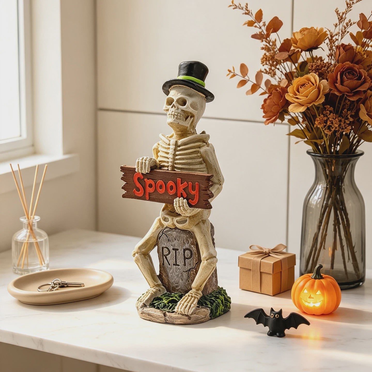 Halloween Skelet Figuur met 'Spooky' Bord - Spookachtige Decoratie voor Huis & Feest