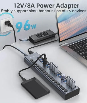 Acasis 16-Poorts USB Hub 10Gbps met Individuele Schakelaars & Snelle Data Transfer