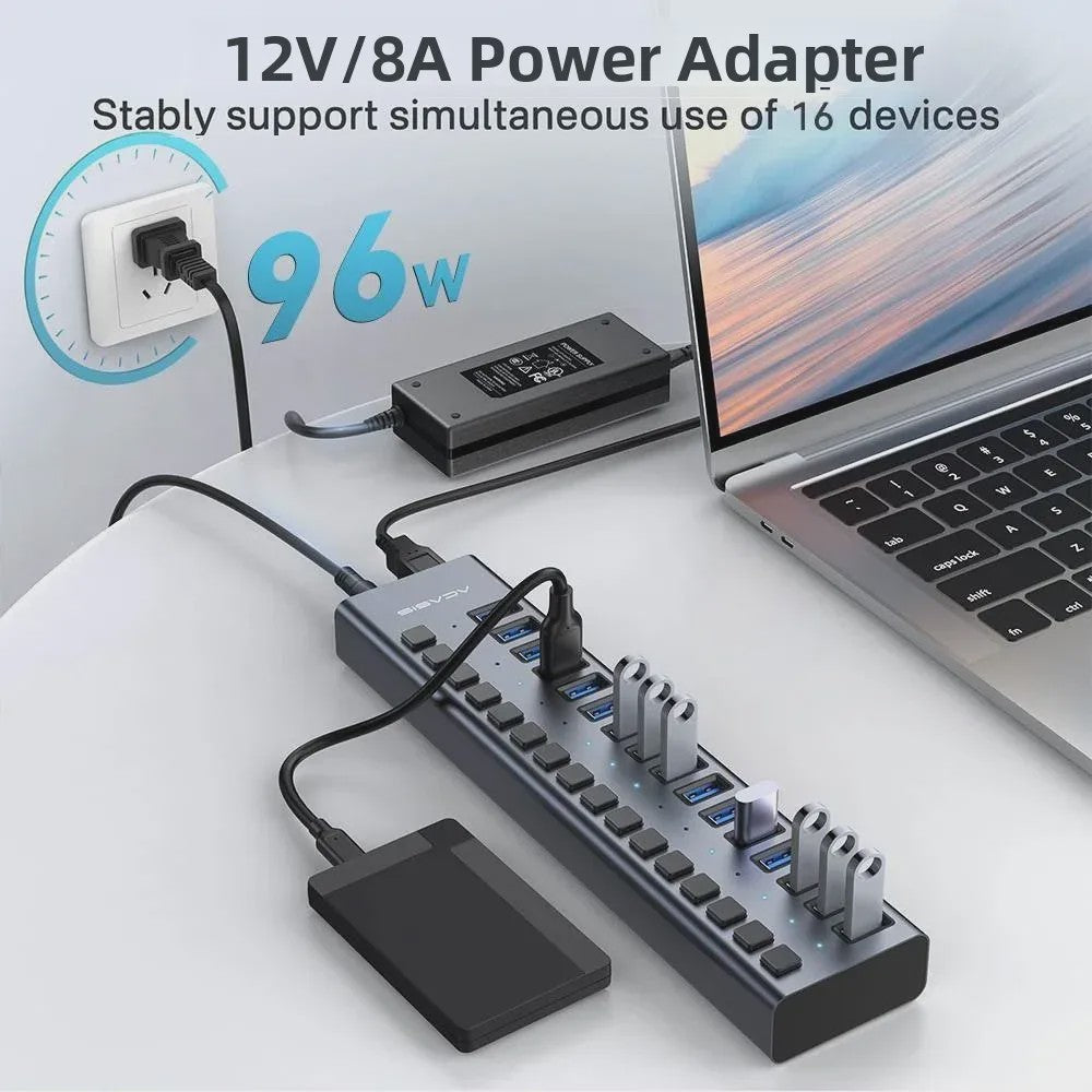 Acasis 16-Poorts USB Hub 10Gbps met Individuele Schakelaars & Snelle Data Transfer