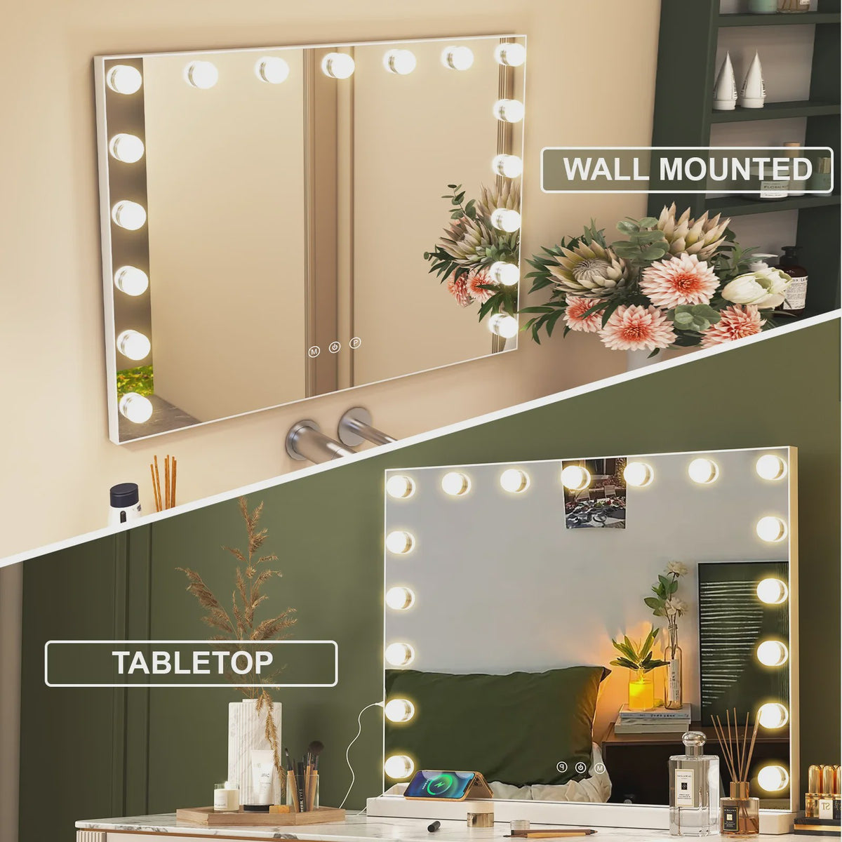 Hollywood Make-up Spiegel met 14/17 LED Lampjes - 3 Kleuren, Dimbaar, USB & Touch Control