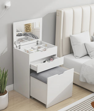 Stijlvolle Make-up Tafel met Inklapbare Spiegel, Kruk en Veel Opbergruimte
