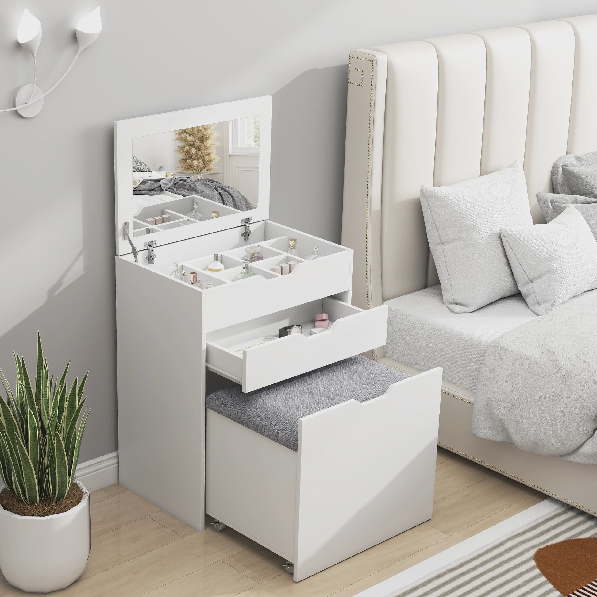 Stijlvolle Make-up Tafel met Inklapbare Spiegel, Kruk en Veel Opbergruimte