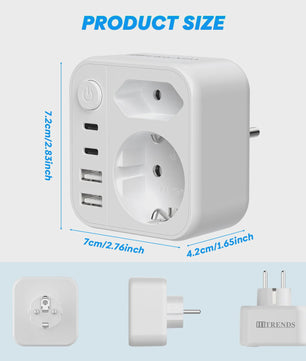 6-in-1 Reisadapter met USB-C, USB-A, Schuko & Euro Stekker - 17W Snelladen