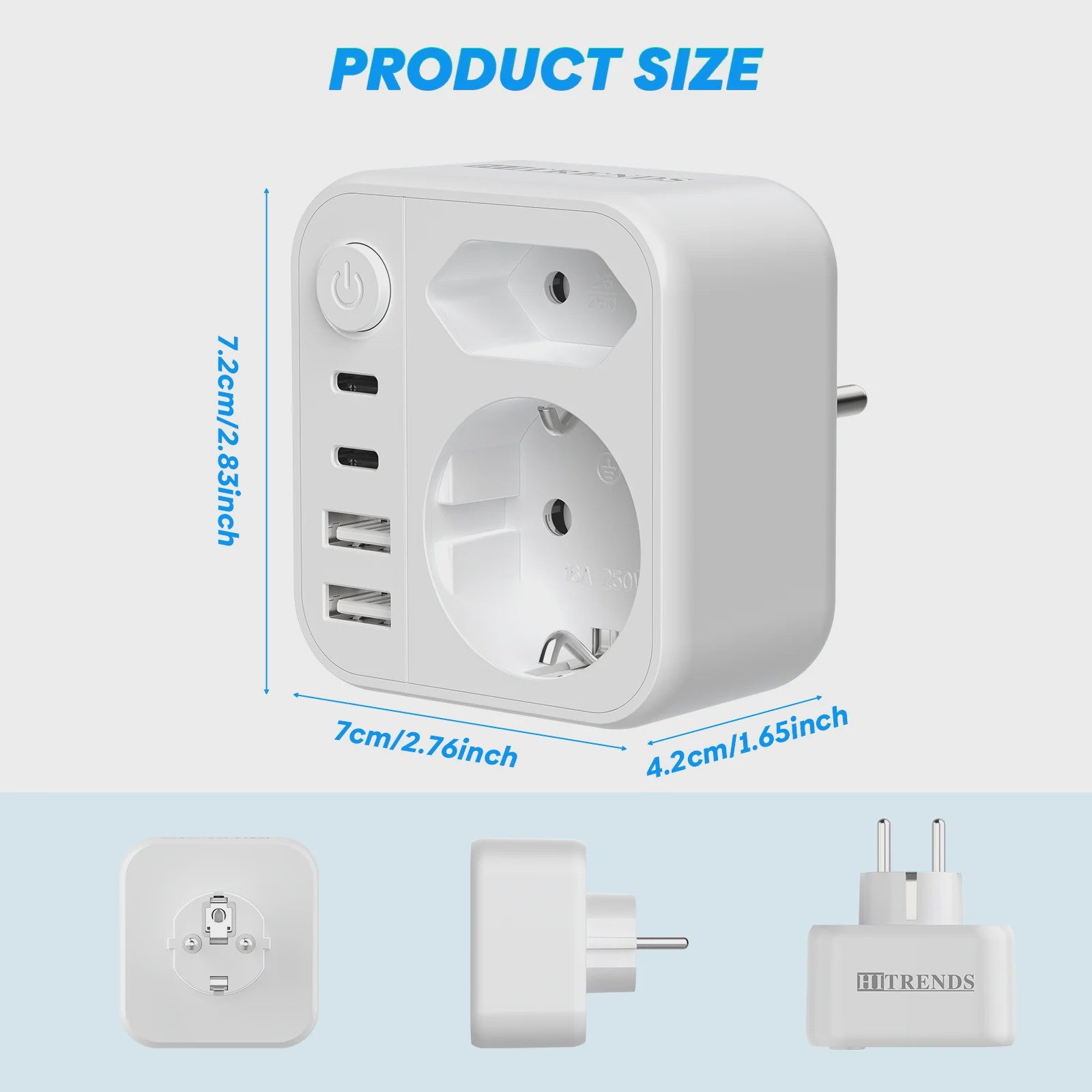 6-in-1 Reisadapter met USB-C, USB-A, Schuko & Euro Stekker - 17W Snelladen