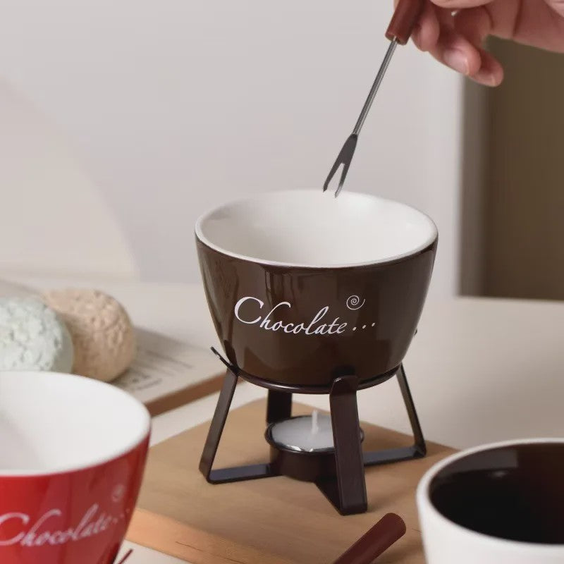 Keramische Chocolade Fondue Set - Smelt Chocolade, Kaas & IJs - Inclusief Vork - Perfect Valentijnscadeau