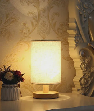 Sfeervolle LED Tafellamp met Houten Basis & Stoffen Kap - Dimbare Nachtlamp USB