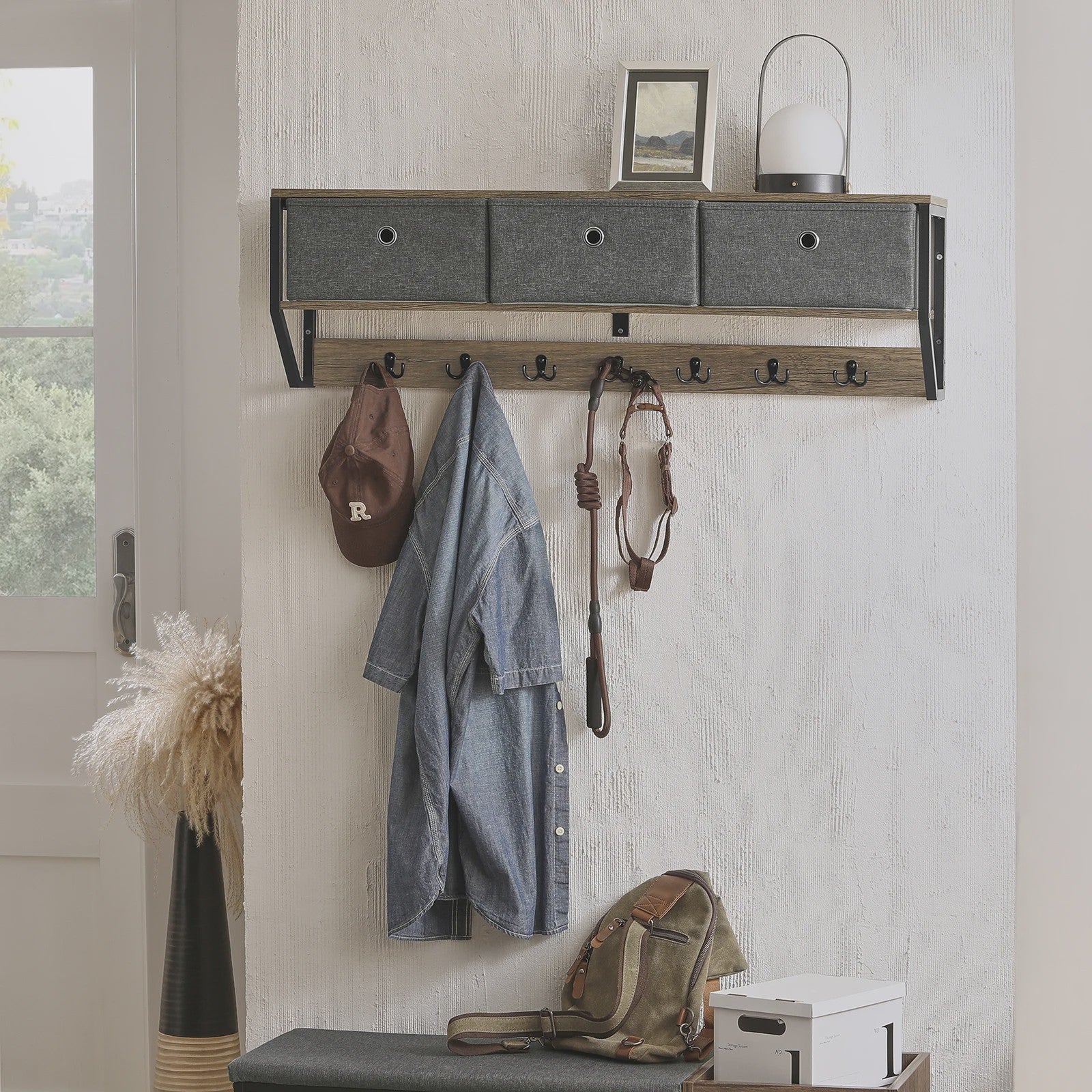 Vintage Wandkapstok met 3 Opbergmanden en 7 Haken - Hal Garderobe