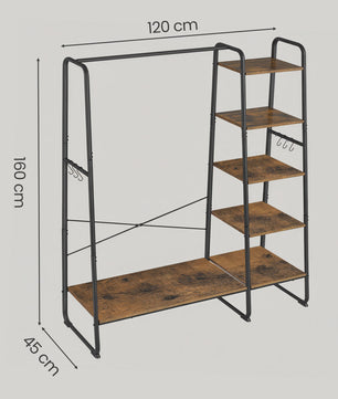 Stijlvolle Kledingrek met 6 Haken en Opbergplanken - 120x45x160 cm