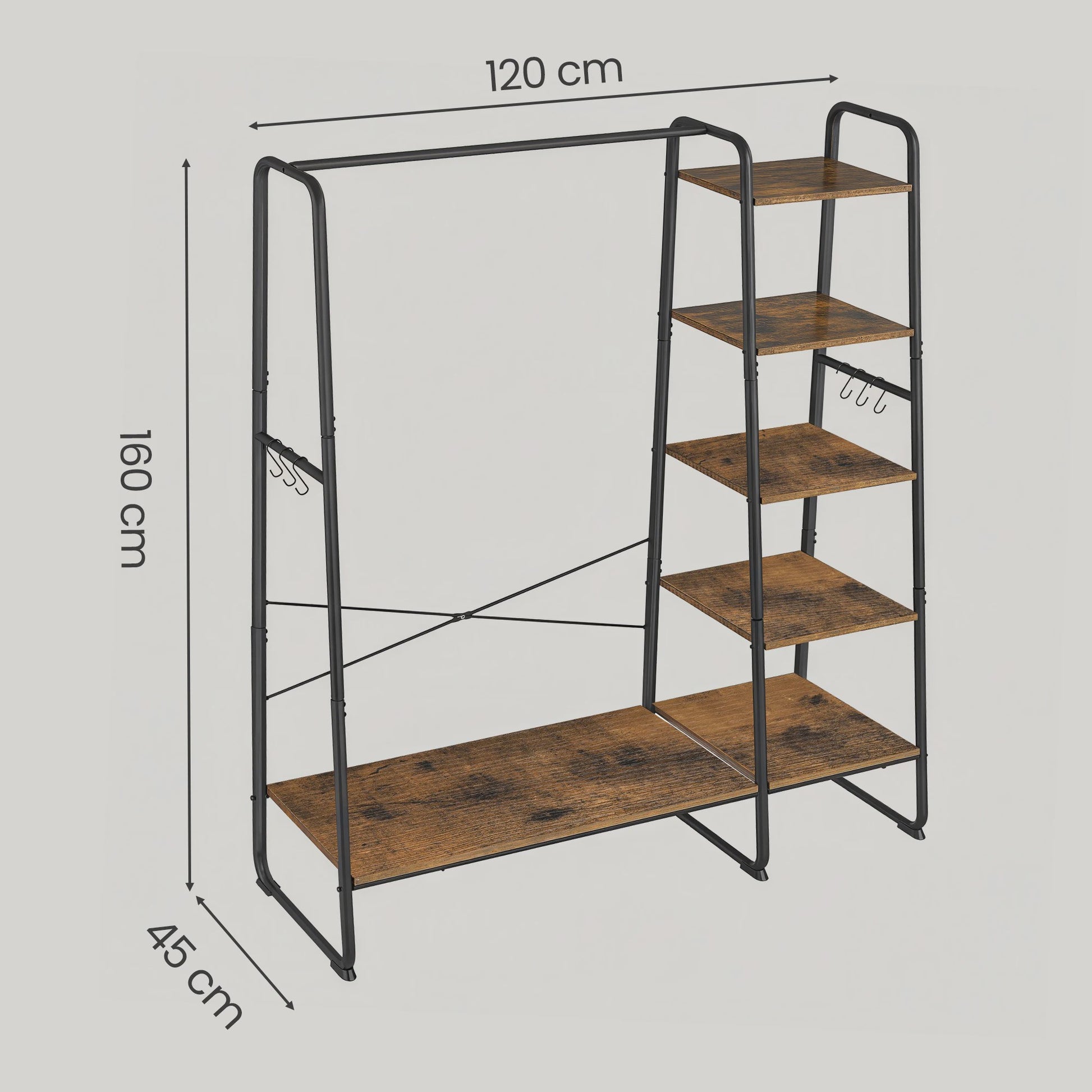 Stijlvolle Kledingrek met 6 Haken en Opbergplanken - 120x45x160 cm