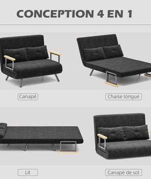 Zwarte 4-in-1 Sofa Bed met Verstelbare Rugleuning en 2 Kussens - Compact en Multifunctioneel