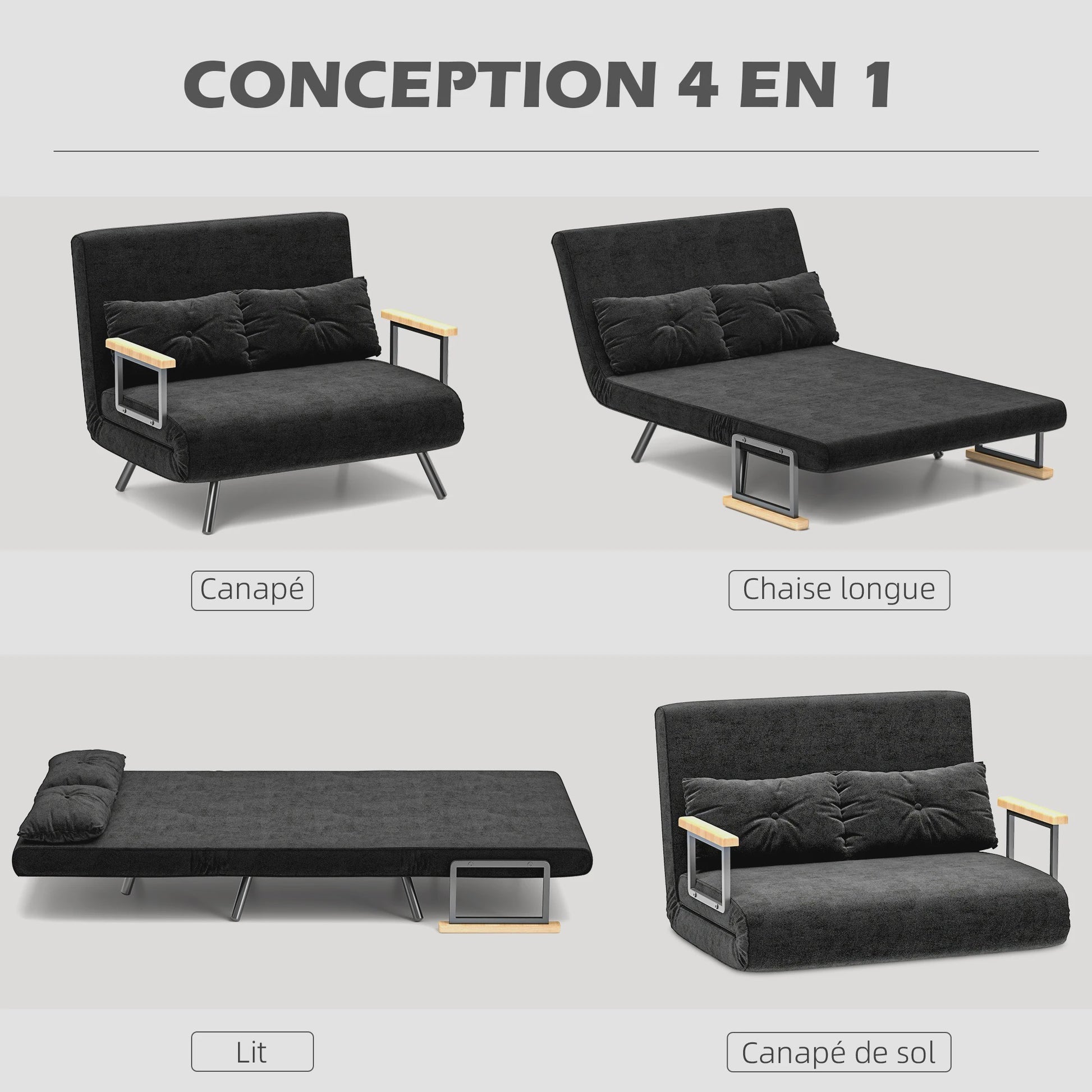 Zwarte 4-in-1 Sofa Bed met Verstelbare Rugleuning en 2 Kussens - Compact en Multifunctioneel