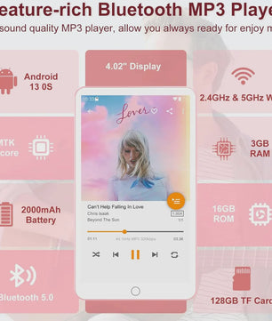 Android 13 MP3 Speler 144GB met WiFi, Bluetooth, Speakers & Spotify