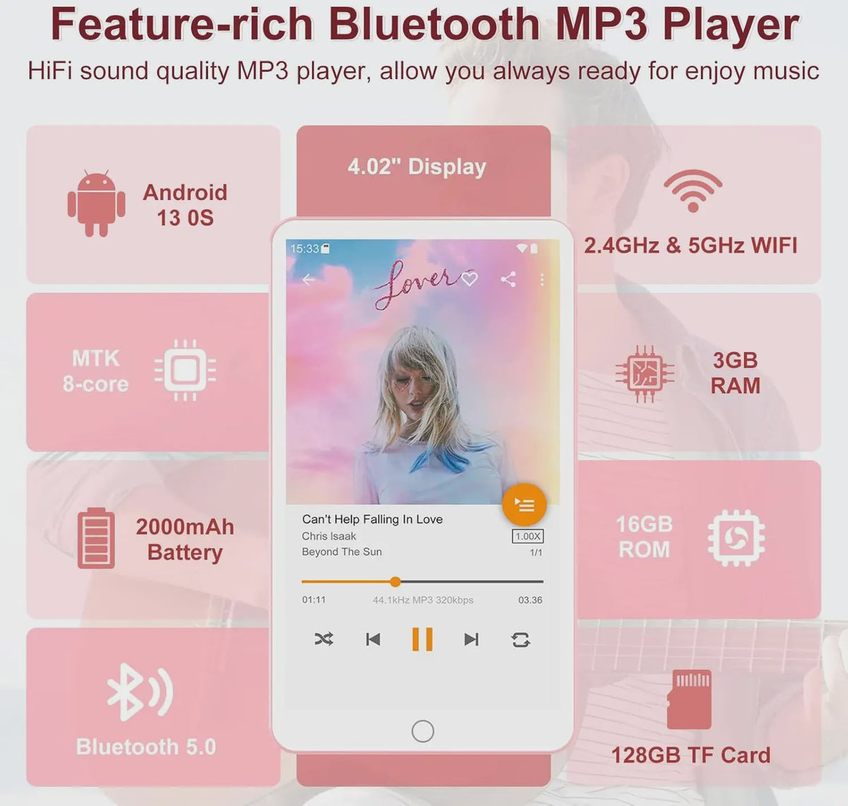 Android 13 MP3 Speler 144GB met WiFi, Bluetooth, Speakers & Spotify