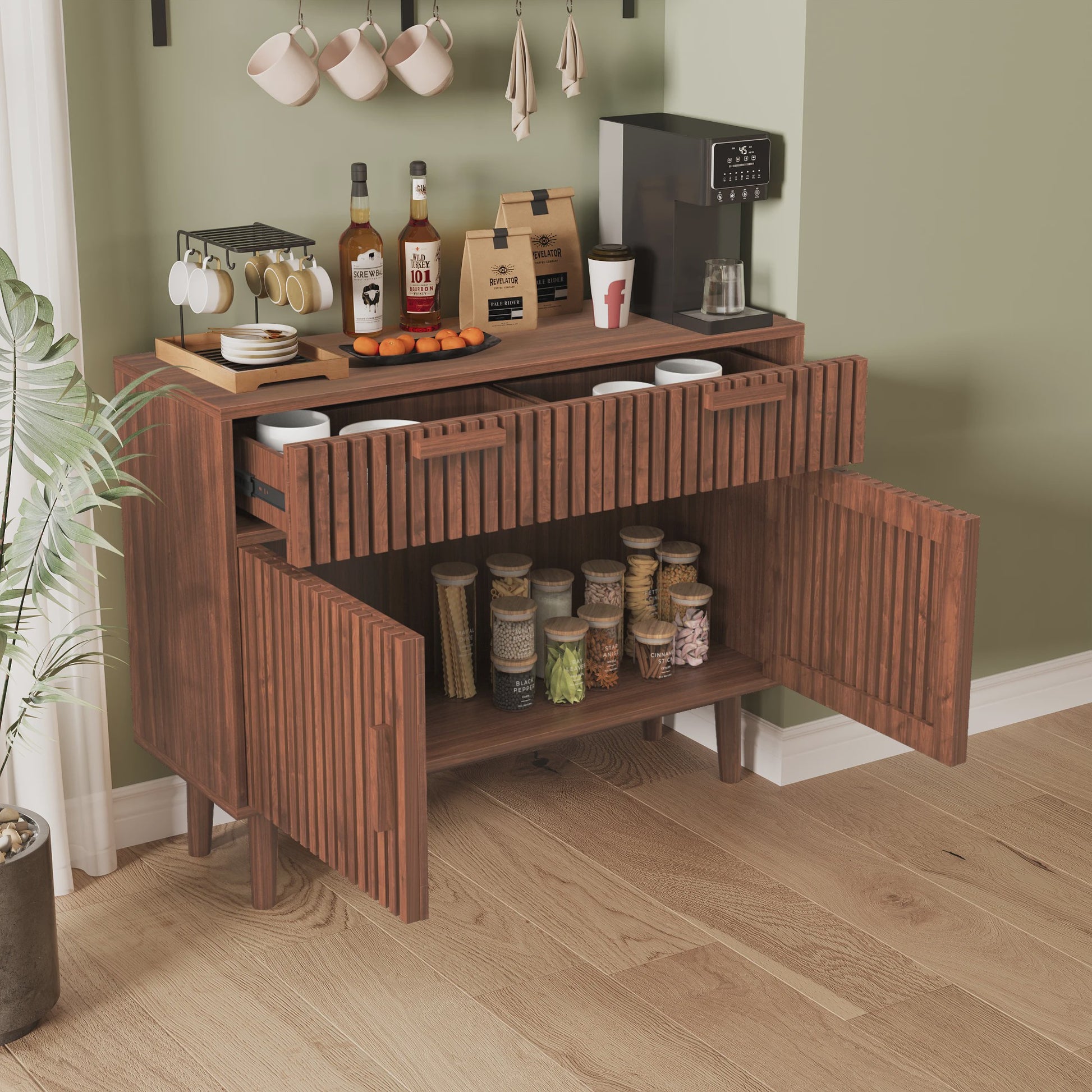 Mid-Century Houten Buffetkast met 2 Lades en 2 Deuren - Stijlvolle Console voor Woonkamer of Hal