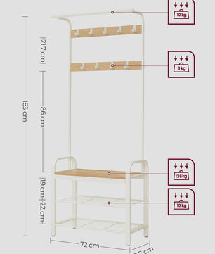 Stijlvolle Kapstok met Schoenenrek - 3 Niveaus, Afneembare Haken & Metalen Frame - 183 cm Hoog