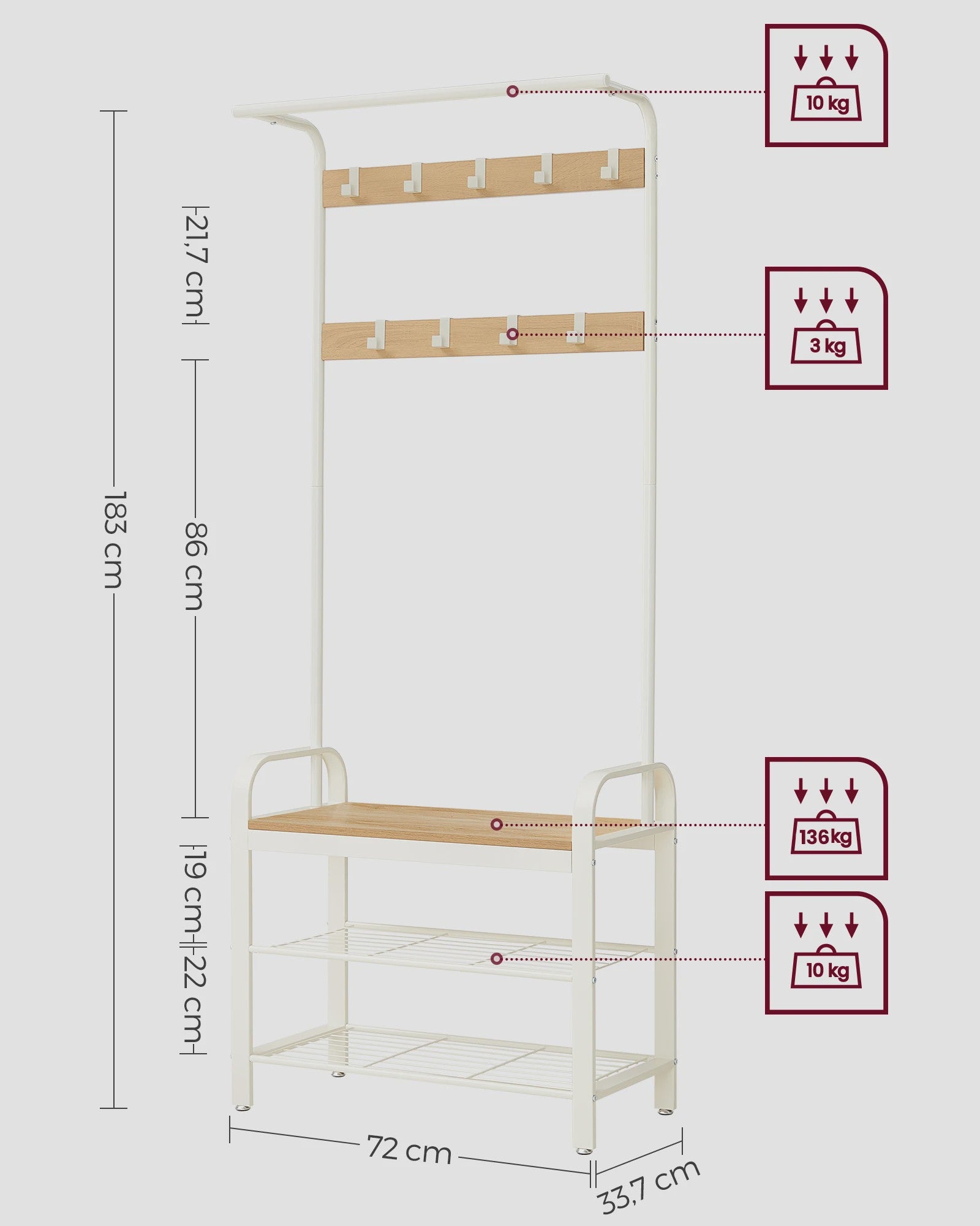 Stijlvolle Kapstok met Schoenenrek - 3 Niveaus, Afneembare Haken & Metalen Frame - 183 cm Hoog