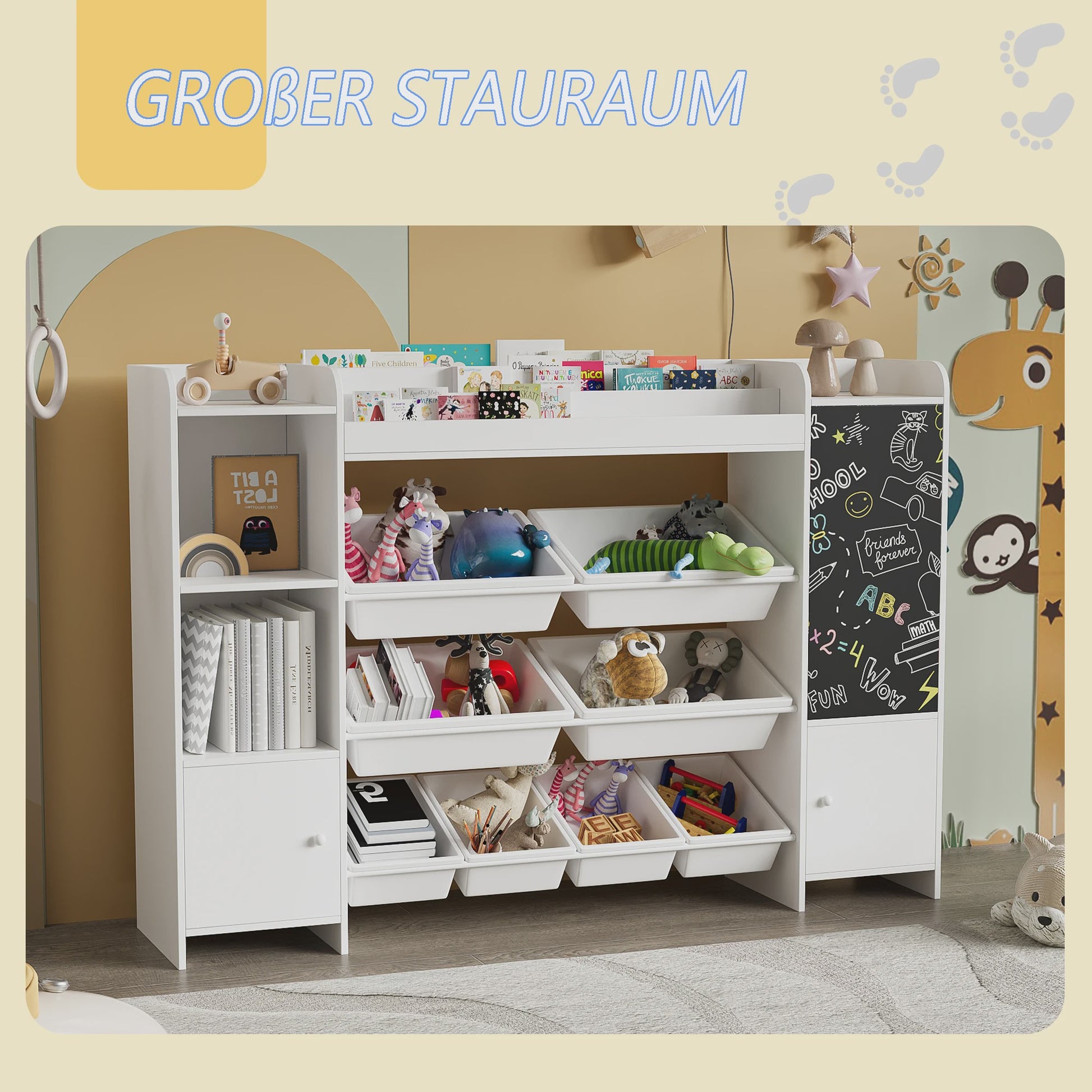 Boekenkast met 8 Opbergboxen en Krijtbord voor Kinderkamer