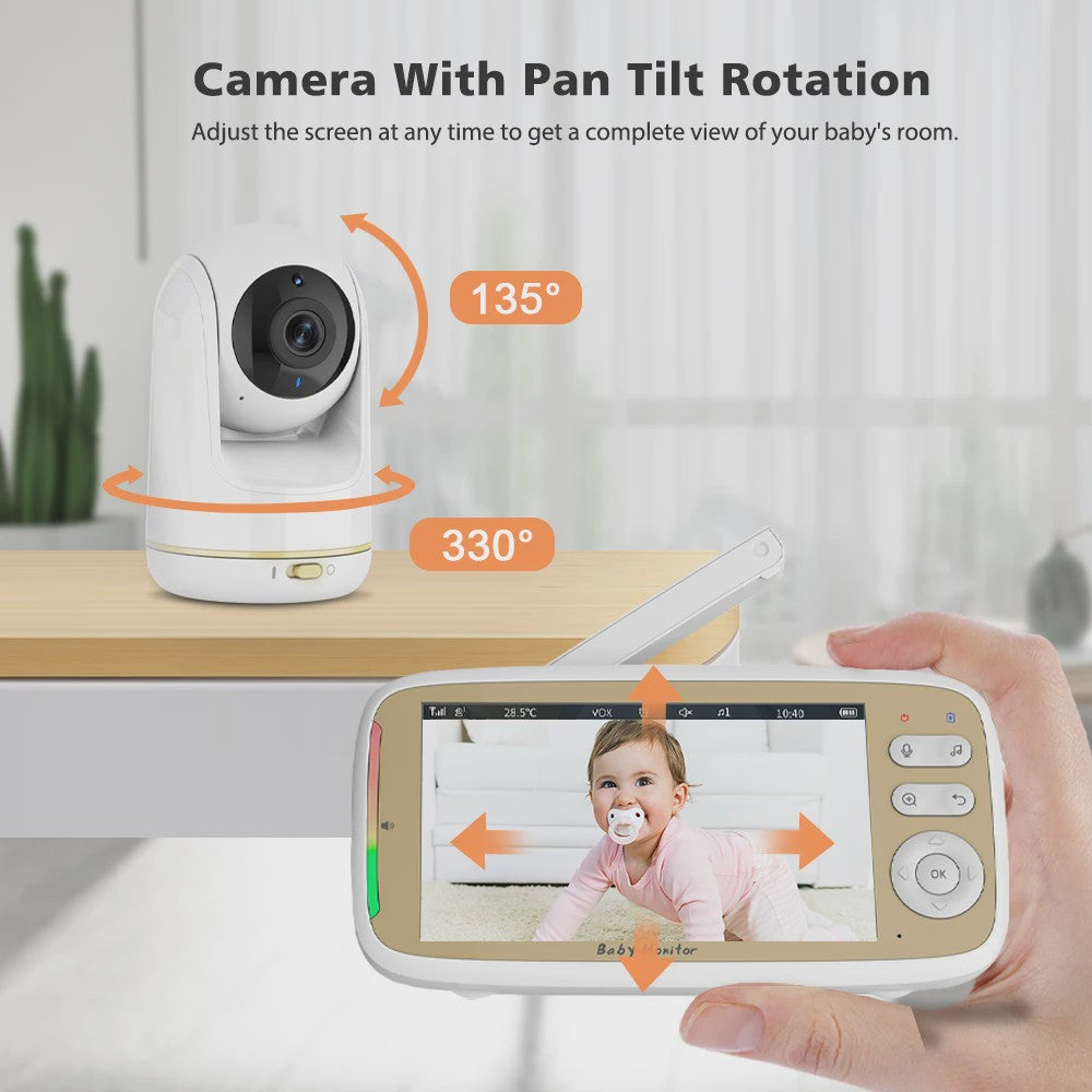 Draadloze Babyfoon met 5" LCD Scherm, App & 3x Zoom - Pan/Tilt & Tweeweg Audio