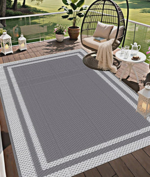 Outdoor Mat 6x9 ft met Grondpennen - Duurzaam PP, Grijs/Wit, voor Tuin, Camping & Strand