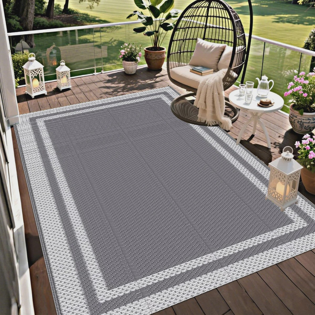 Outdoor Mat 6x9 ft met Grondpennen - Duurzaam PP, Grijs/Wit, voor Tuin, Camping & Strand