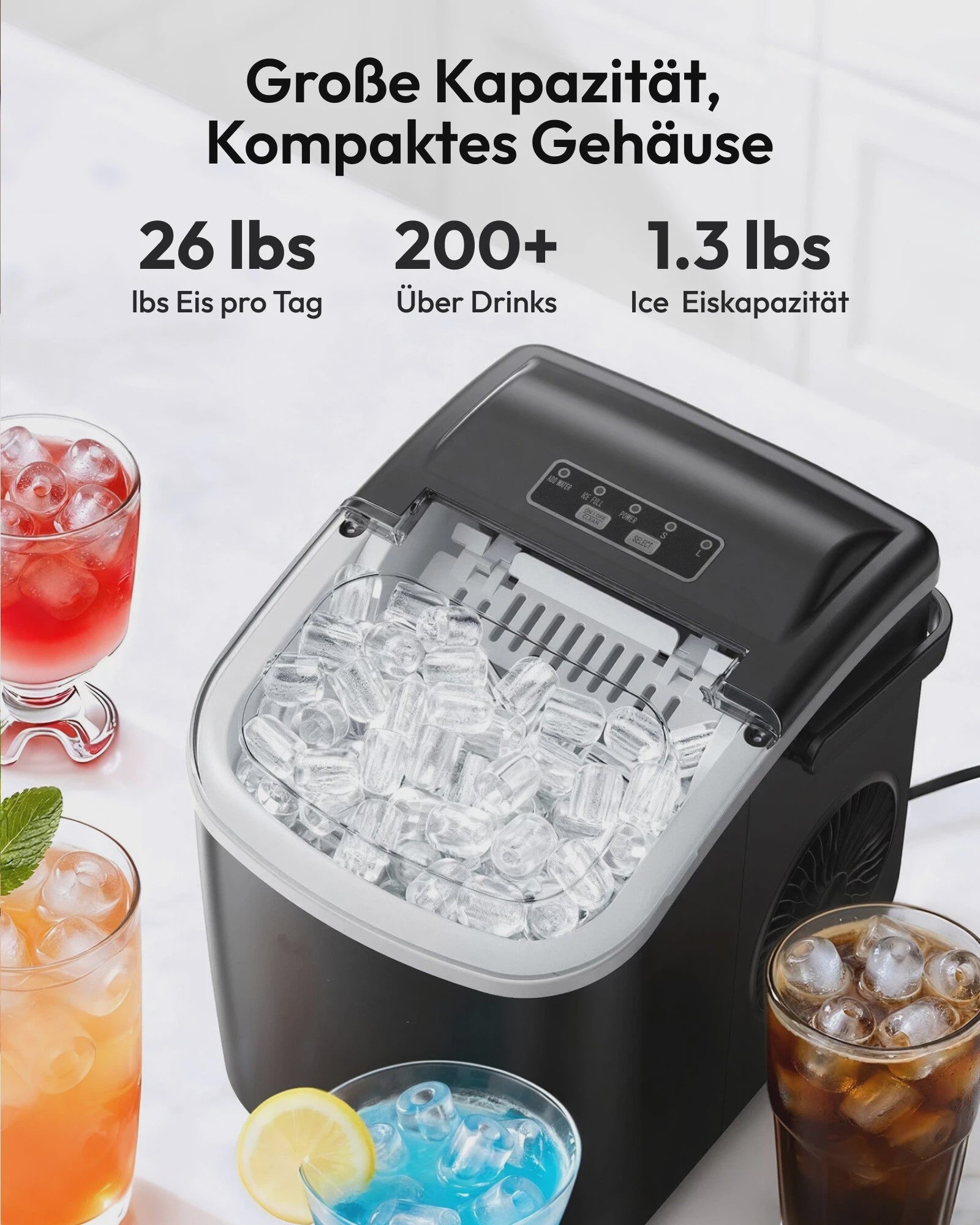 Compacte IJsblokjesmachine: 12kg/24u, Snel ijs in 6 min, Zelfreinigend, Draagbaar, Stil & RVS Look