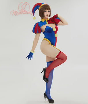 Halloween Clown Dames Kostuum Lingerie Set - Blauw Rood Bodysuit, Rokje, Handschoenen & Hoed