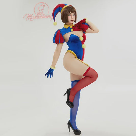 Halloween Clown Dames Kostuum Lingerie Set - Blauw Rood Bodysuit, Rokje, Handschoenen & Hoed