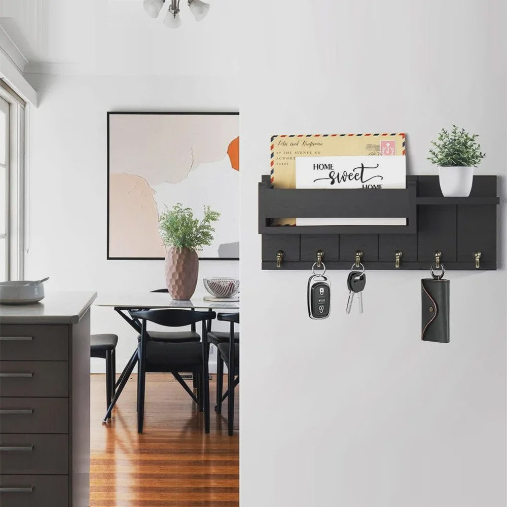 Rustieke Houten Wand Organizer met Postvak en 6 Sleutelhaken