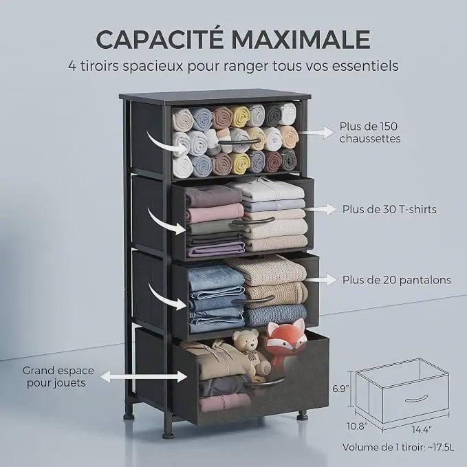 Compacte Ladekast met 4 Lades - Stoffen Opbergunit met MDF Frame voor Slaapkamer en Woonkamer