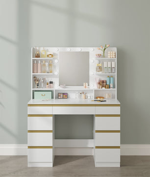 Luxe Kaptafel met 10 LED Lampjes, Grote Spiegel en Uitgebreide Opbergruimte