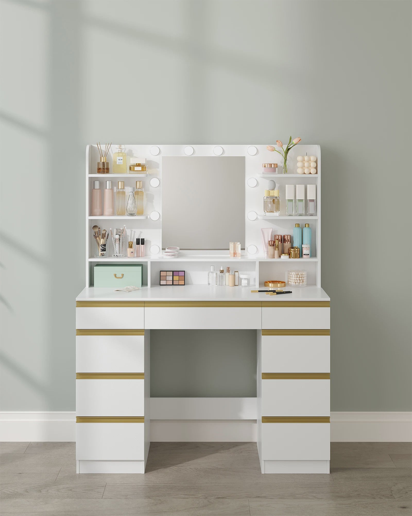 Luxe Kaptafel met 10 LED Lampjes, Grote Spiegel en Uitgebreide Opbergruimte
