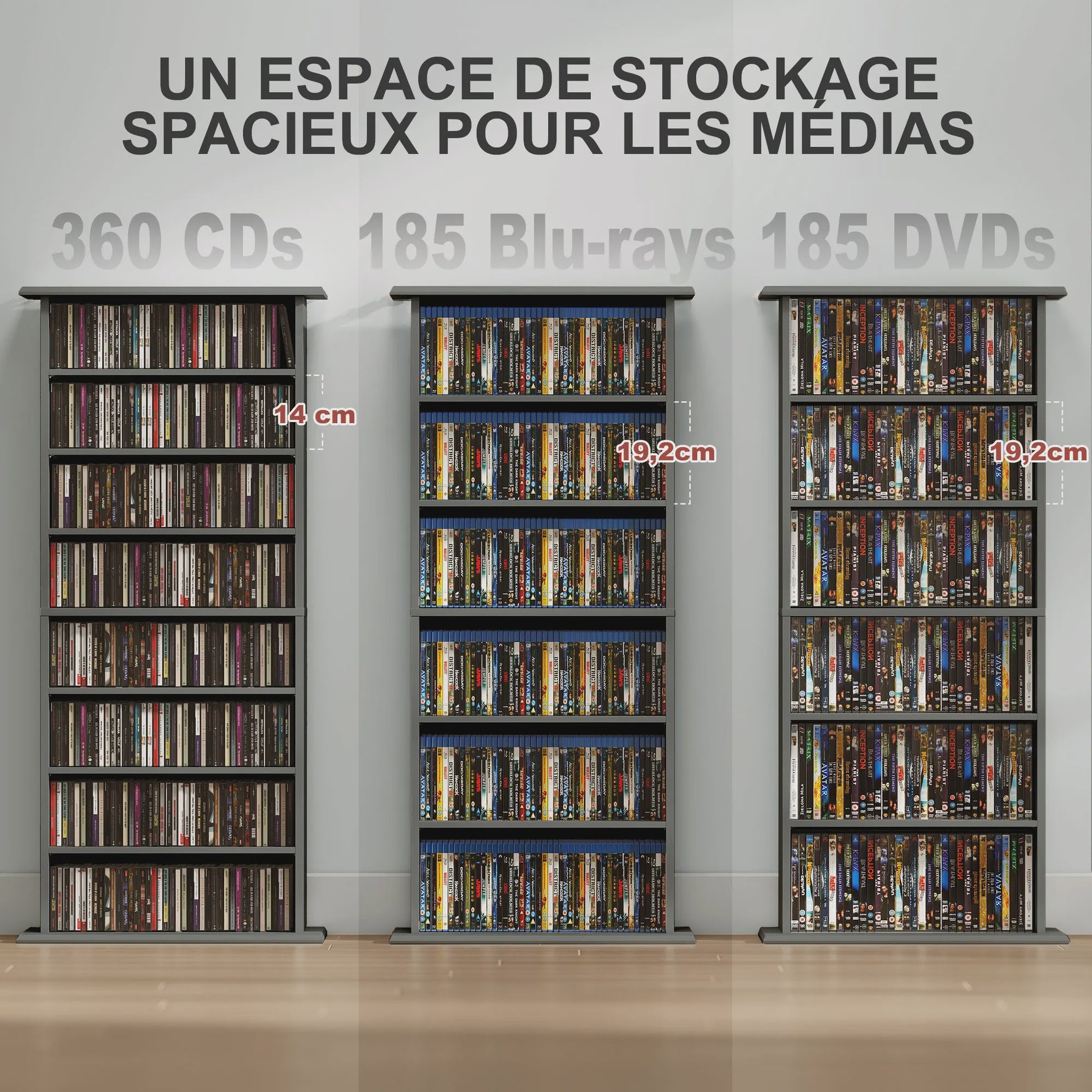 HOMCOM Opbergkast voor CD/DVD/Blu-ray - Grijs - 8 Vakken, 6 Verstelbare Planken