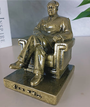 Mao Zedong Zittend Beeld - Antiek Brons & Goudkleurig - President Mao Sculptuur