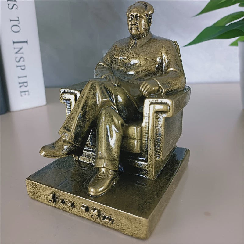 Mao Zedong Zittend Beeld - Antiek Brons & Goudkleurig - President Mao Sculptuur