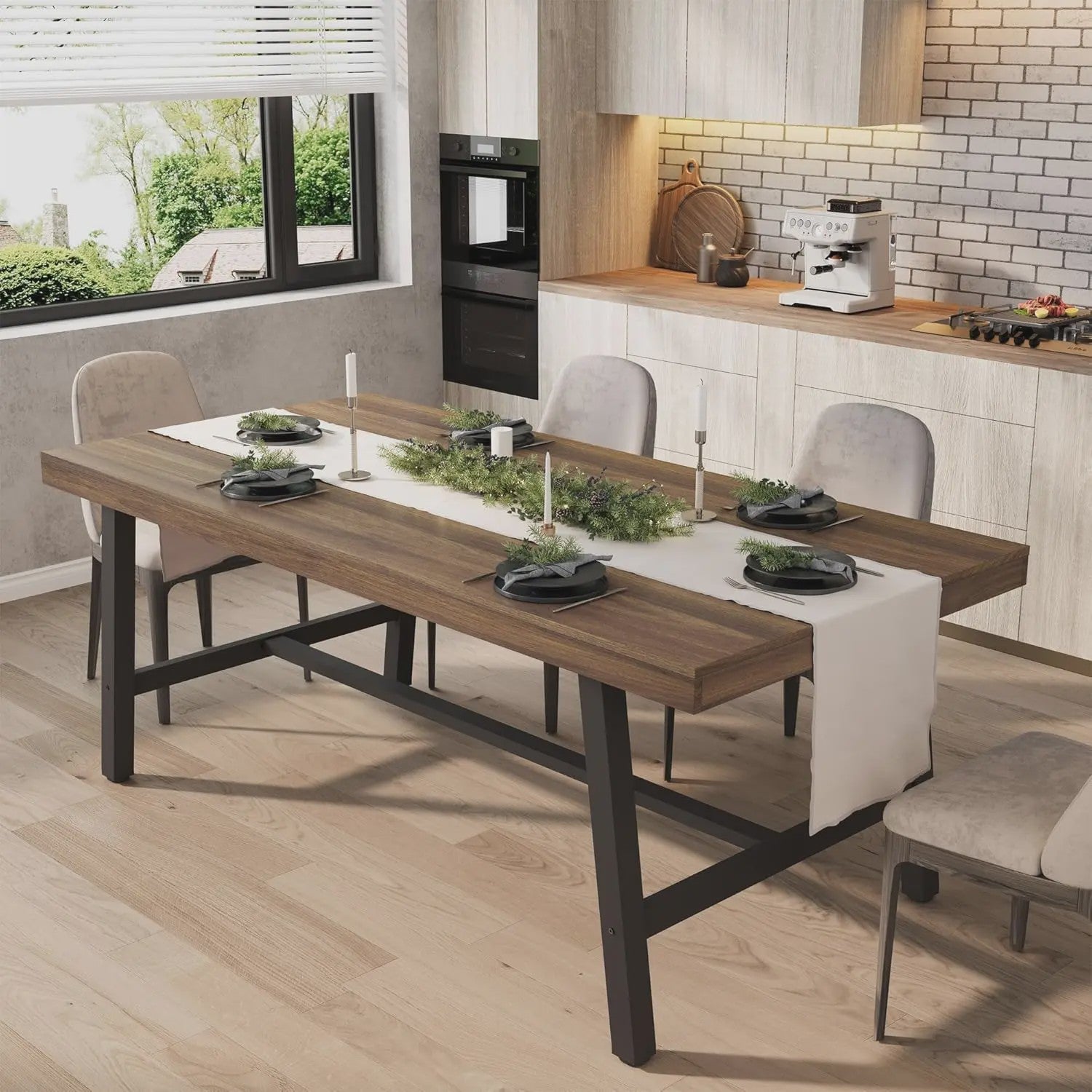 Industriële Eettafel 71" voor 6-8 Personen - Ruim Rechthoekig Keukentafel met Stalen Frame