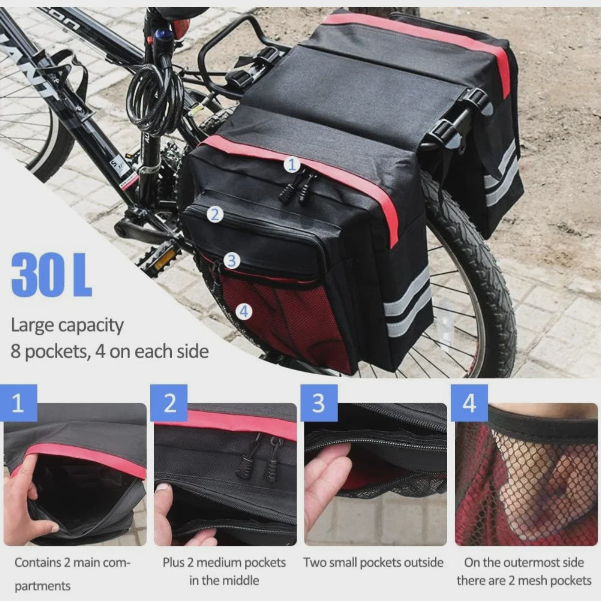 Dubbele Waterdichte Fietstas Achterdrager 30L - Ideaal voor Lange Fietstochten met Reflecterende Details
